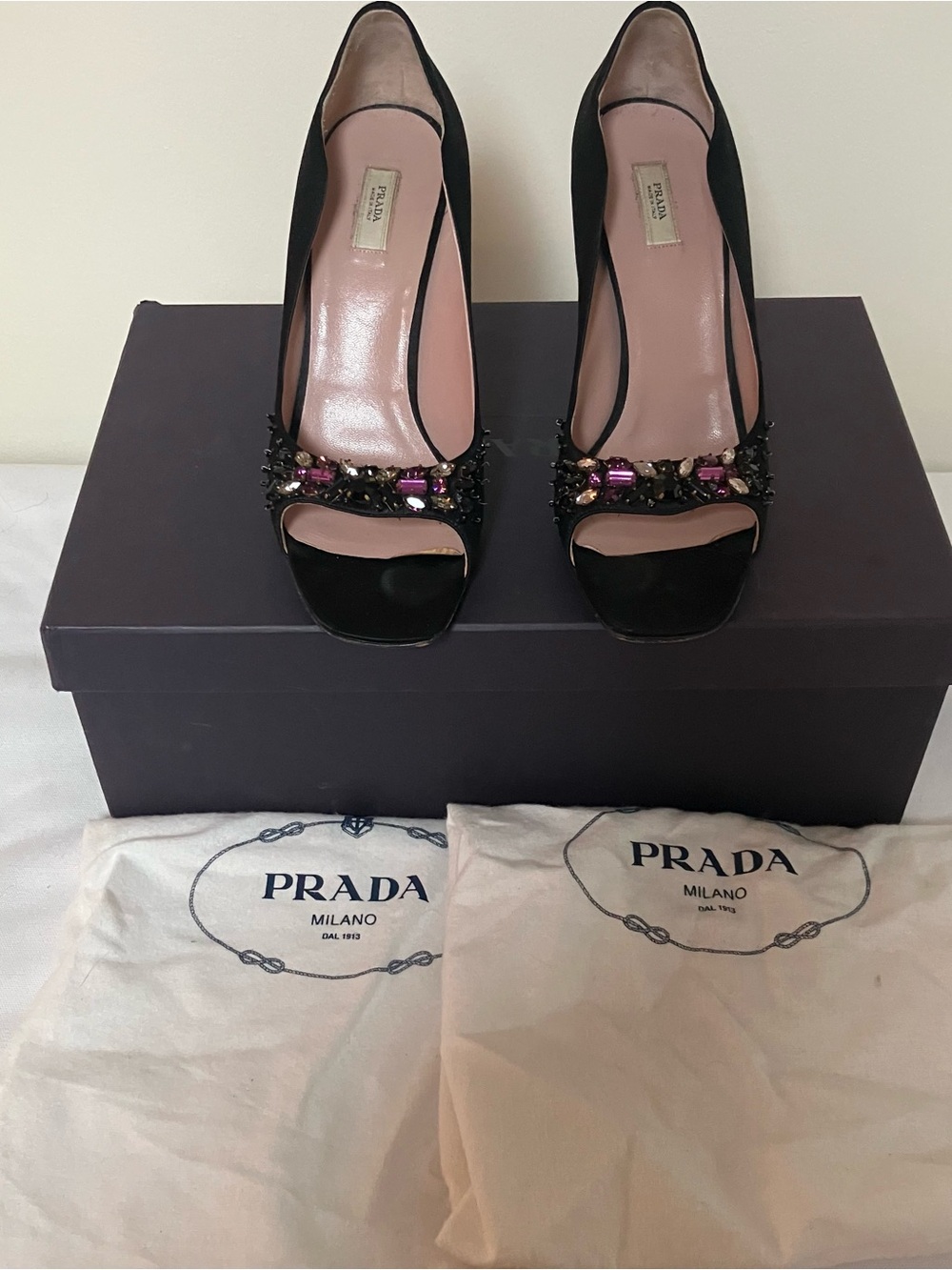 VTG Prada Black Satin Rhinestone Open Toe Studded Kitten Heels 36 Raso Ricamo